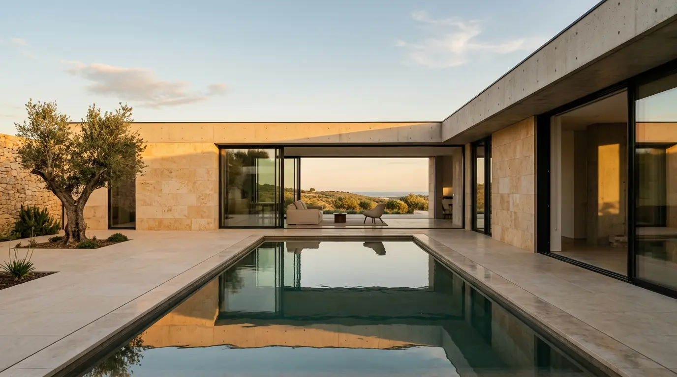 Obra de arquitetura minimalista com pedra de calcário, betão aparente e espelho de água ao pôr do sol